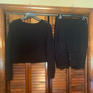 Two-piece lace skirt set with cropped sweater with lace detail on sleeves